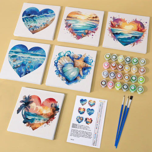 Ocean Hearts mini paint by numbers kit with acrylic paints and brushes included