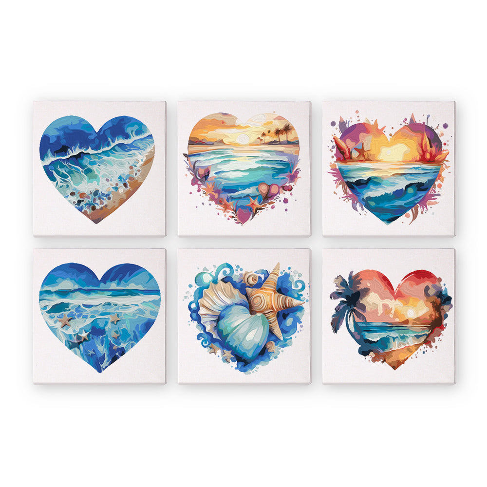 Set of six heart-shaped coastal-themed paint by numbers kits.