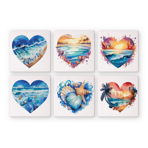 Set of six heart-shaped coastal-themed paint by numbers kits.