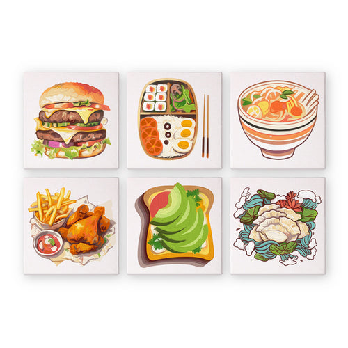 Set of six food-themed paint by numbers designs on a white background