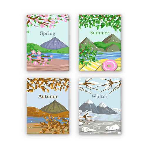 Four mini paintings representing spring, summer, autumn, and winter with corresponding landscapes.