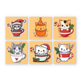 Set of six cartoon cat mini paint by numbers kits in mugs with festive elements on a yellow background
