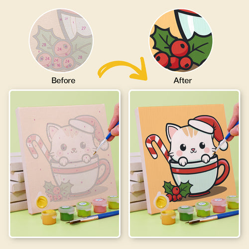 Christmas Kittens mini paint by numbers kit with acrylic paints and brushes included