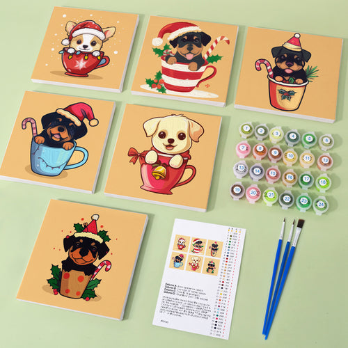 Christmas Puppies mini paint by numbers kit with acrylic paints and brushes included