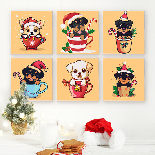 Christmas Puppies mini paint by numbers kit with acrylic paints and brushes included