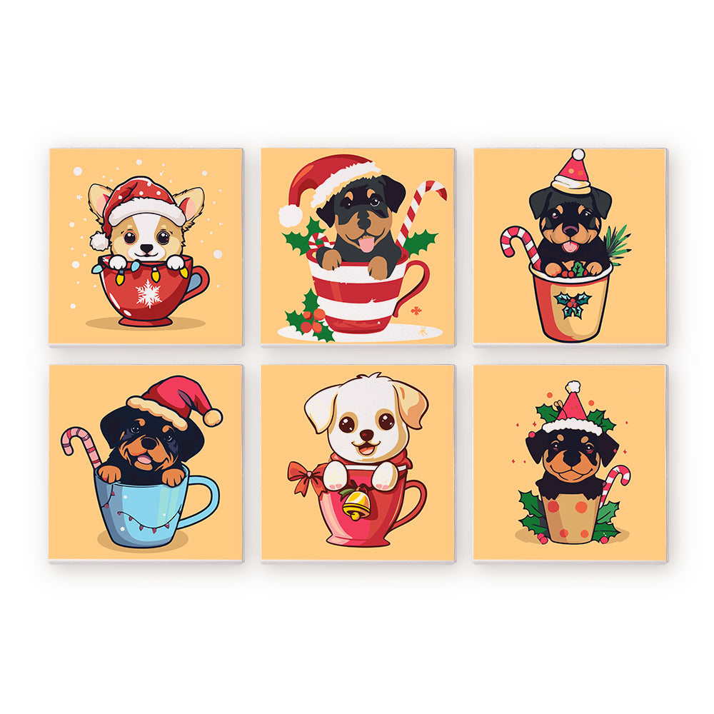 Six Christmas-themed mini paint by numbers kits with cartoon dogs in mugs on a beige background