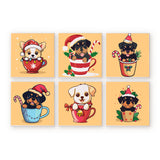 Six Christmas-themed mini paint by numbers kits with cartoon dogs in mugs on a beige background