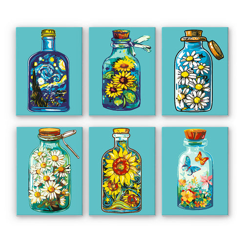 Set of six colorful bottle mini paintings with flowers and nature elements on a blue background
