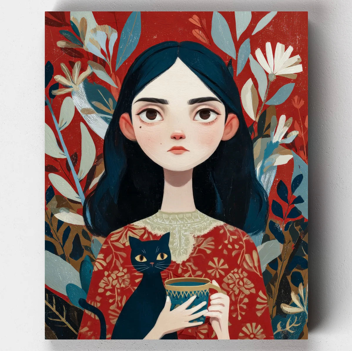 Artistic depiction of a woman with a black cat on a colorful floral background