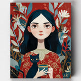 Artistic depiction of a woman with a black cat on a colorful floral background