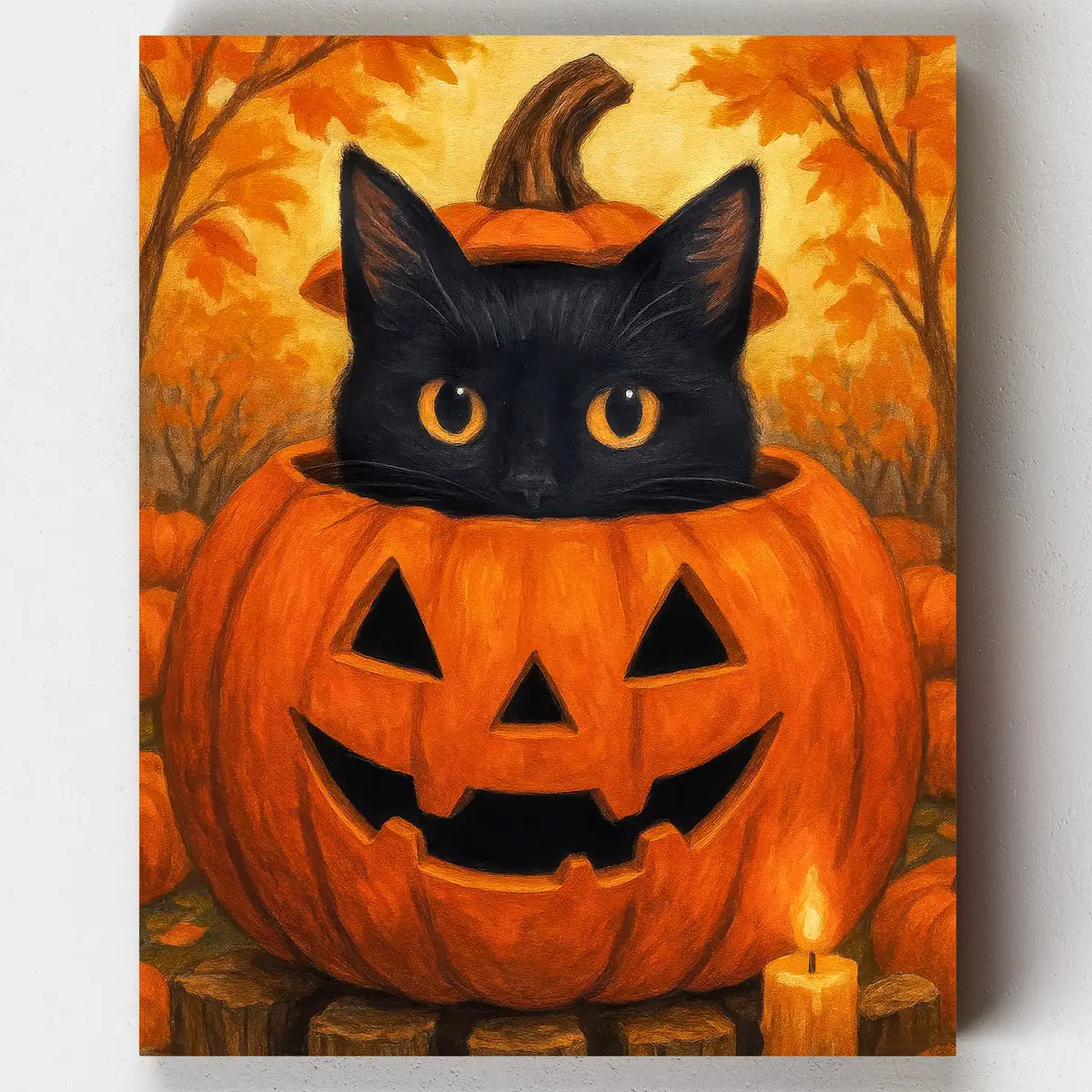 Black cat peeking out from a carved pumpkin surrounded by autumn leaves – Halloween paint by numbers kit.