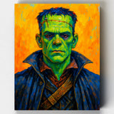 Halloween paint by numbers kit depicting Frankenstein’s monster in vivid green with stitched scars and bold colors.