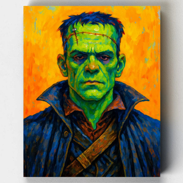 Halloween paint by numbers kit depicting Frankenstein’s monster in vivid green with stitched scars and bold colors.