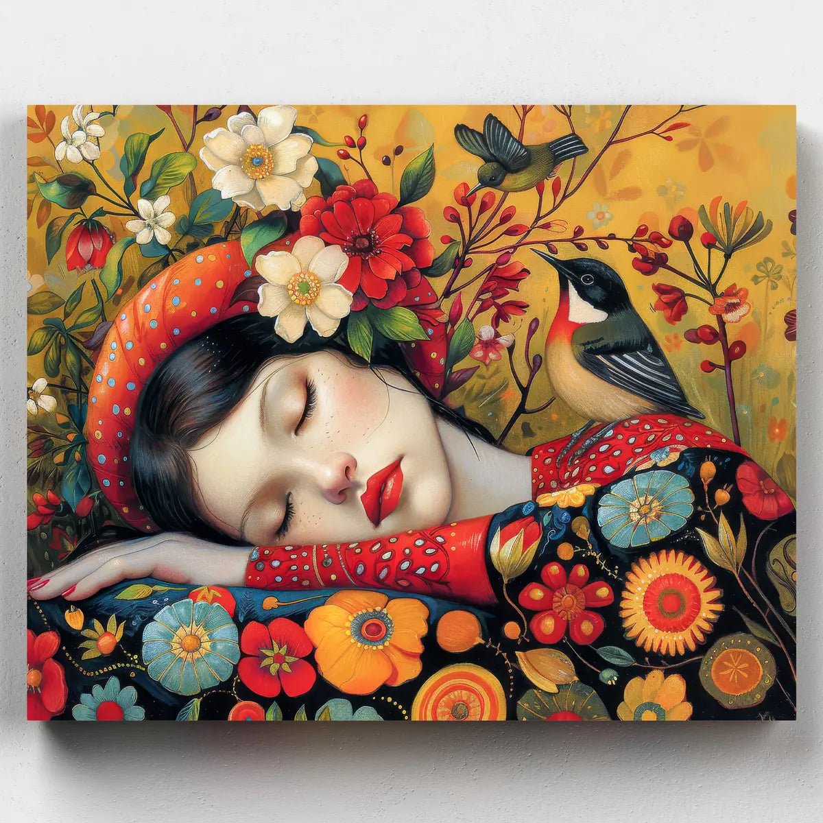 Colorful artwork of a woman with flowers and birds on a yellow background