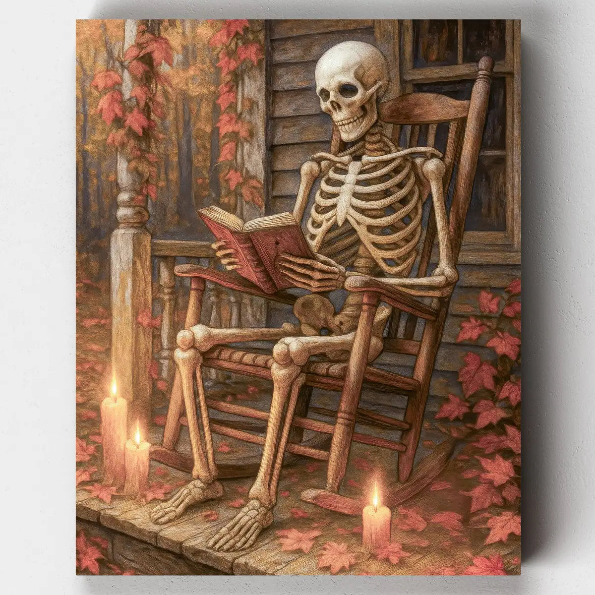 Halloween paint by numbers kit featuring a skeleton reading in a rocking chair by candlelight with autumn leaves.