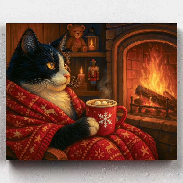 Cat in a red sweater holding a mug by a fireplace