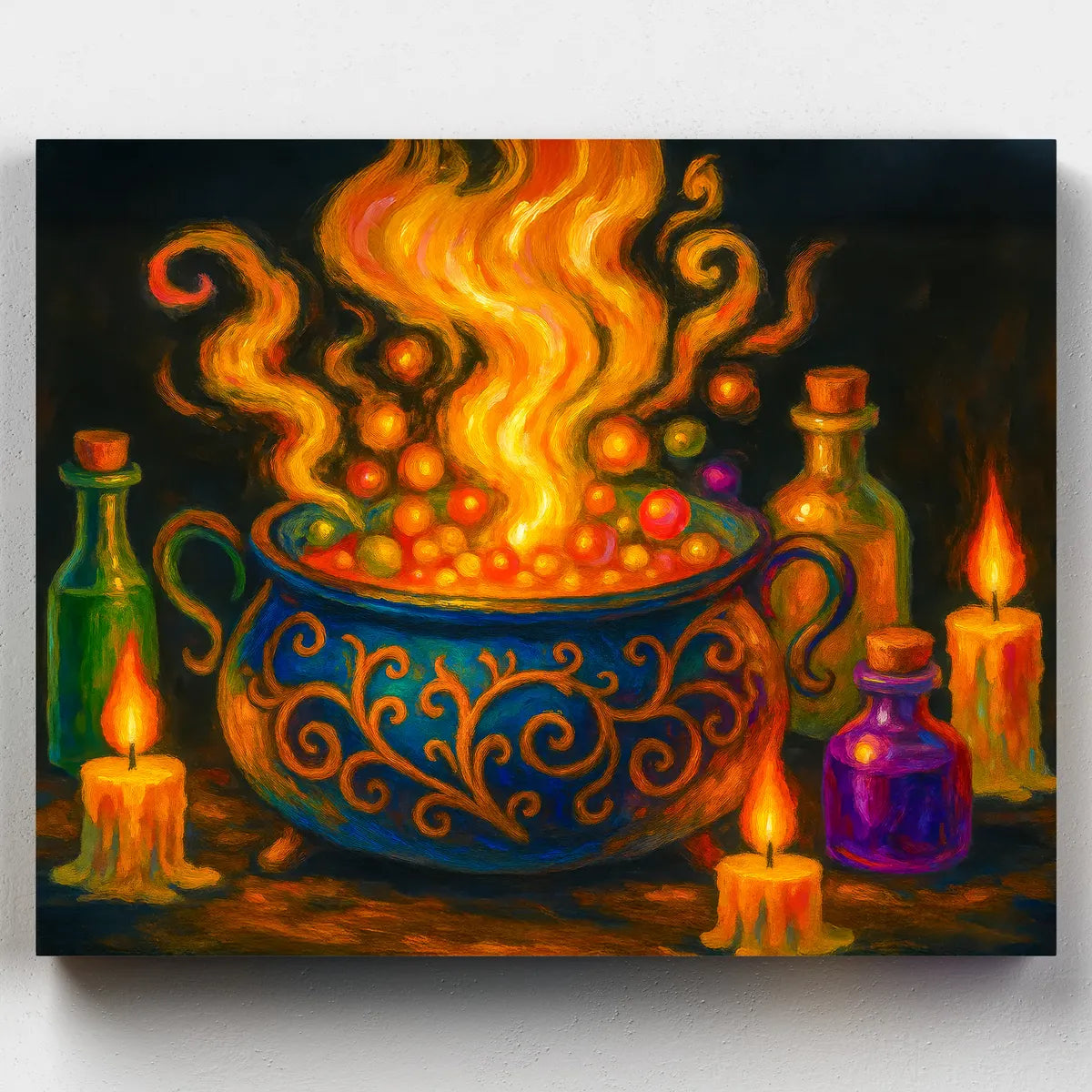 Colorful painting of a cauldron with flames, bottles, and candles on a dark background