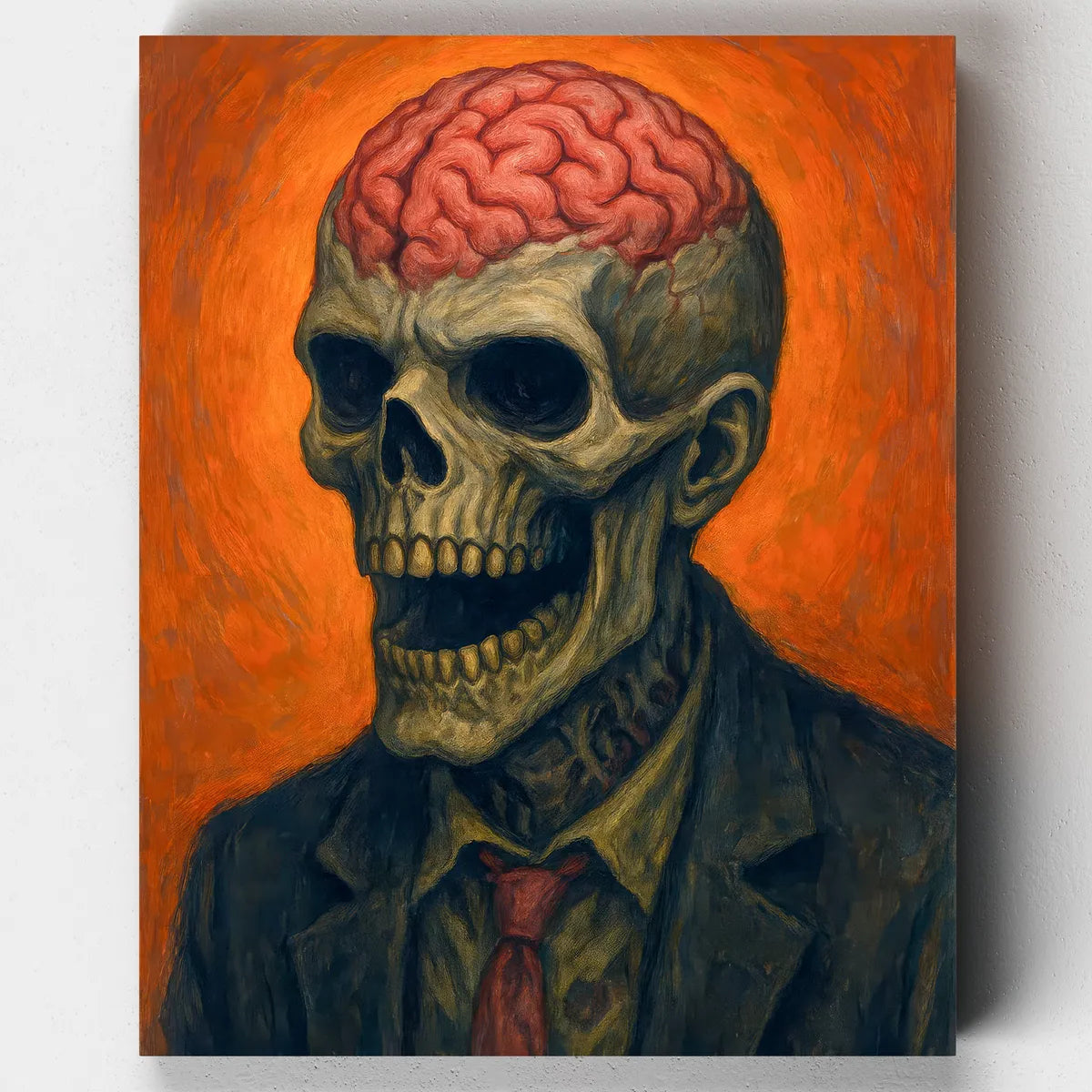 Paint by numbers kit featuring a skeleton in a suit with exposed brain against an orange background, titled The Working Dead.