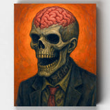 Paint by numbers kit featuring a skeleton in a suit with exposed brain against an orange background, titled The Working Dead.