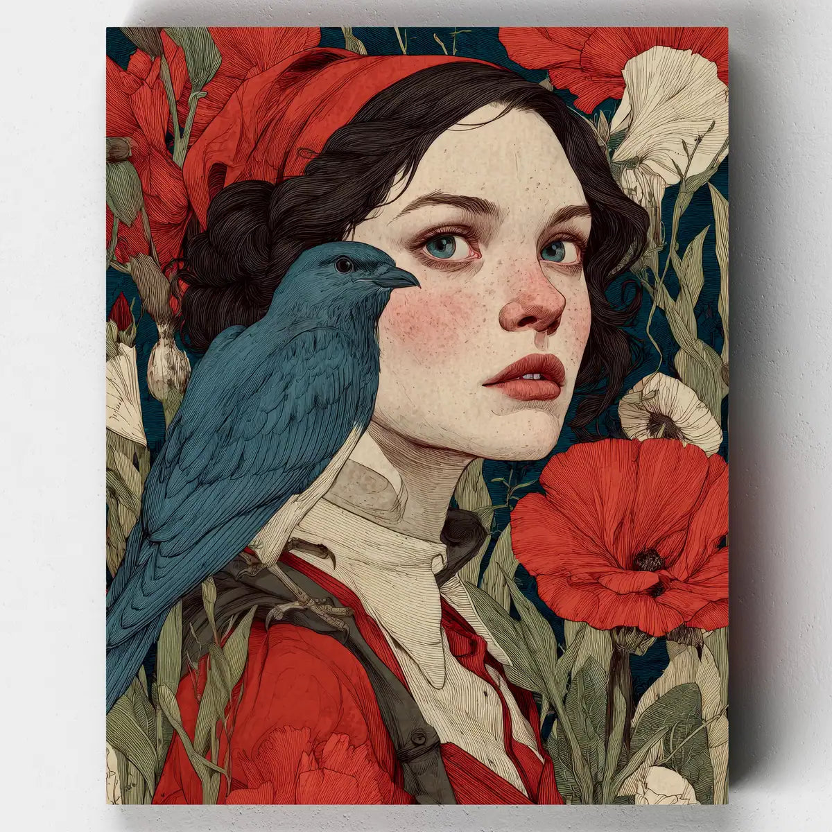 Paint by numbers of a woman's face with a blue bird on her shoulder, surrounded by red flowers and green leaves.