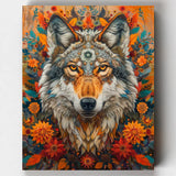 Paint by numbers kit of a wolf's head surrounded by colorful flowers.