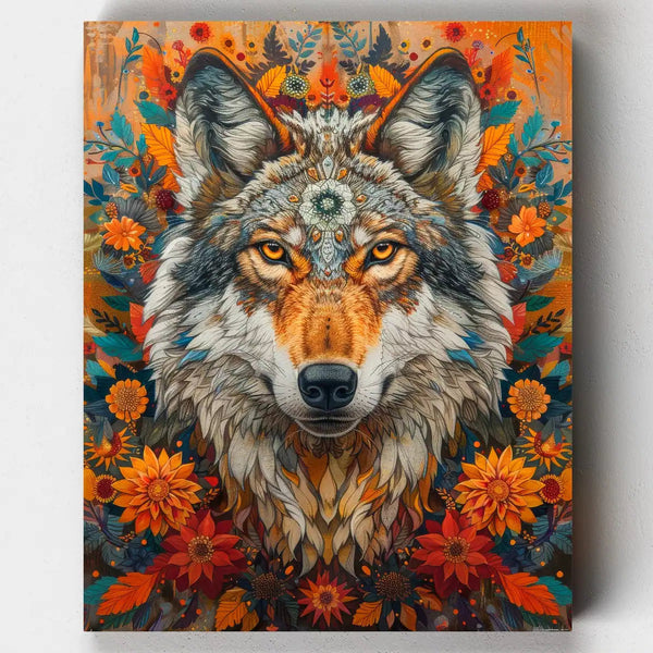 Paint by numbers kit of a wolf's head surrounded by colorful flowers.