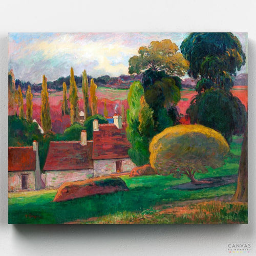 A Farm in Brittany. Explore the rustic charm of Paul Gauguin's A Farm in Brittany. This painting captures the essence of rural life with vibrant colors and unique style.