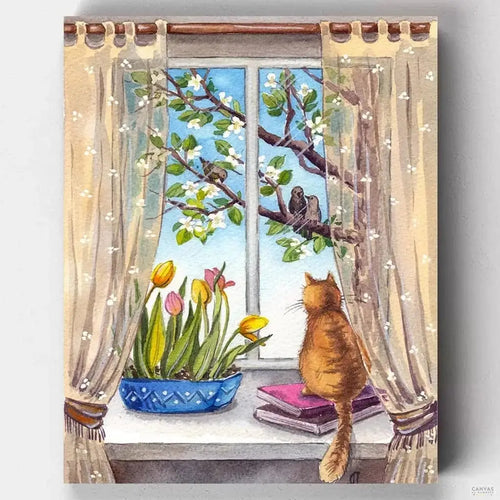 A Peaceful Morning. This gorgeous paint by numbers featuring a sweet cat looking out a charming window surrounded by lovely flowers is sure to cheer your day up!