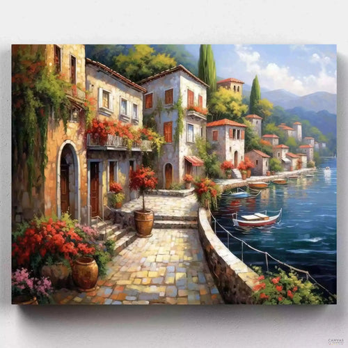 A Stroll Along the Promenade. Unleash your inner artist with this relaxing seascape paint by numbers kit. Dive into a vibrant coastal town scene and immerse yourself in creativity.