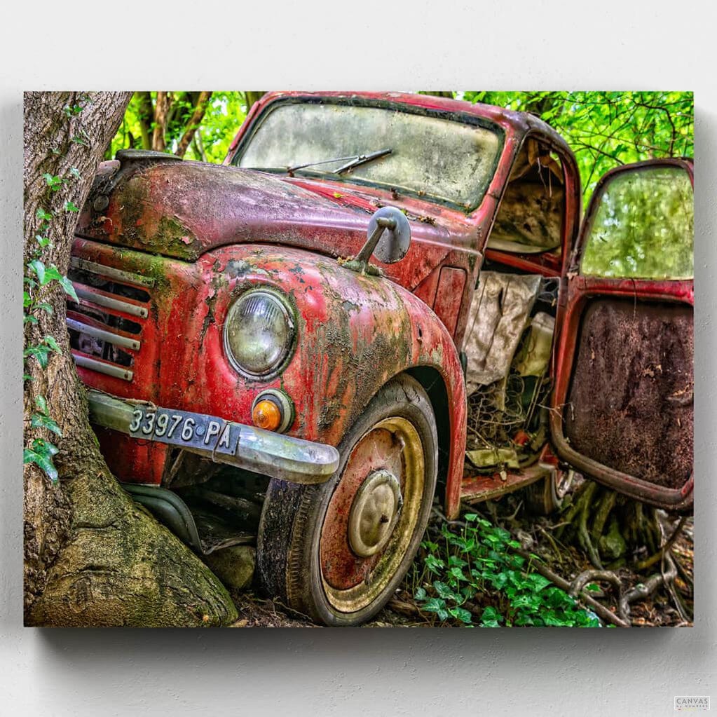 Abandoned Truck - Paint by Numbers-A forgotten truck in the depths of the woods. This paint by numbers kit will provide hours of entertainment. Artwork by German photographer Peter H.-Canvas by Numbers