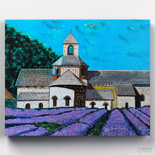 The Senanque Abbey, France. A soothing lavender landscape with a cottage to have hours of fun. This paint by numbers is simply stunning! Start painting with our quality kits today!