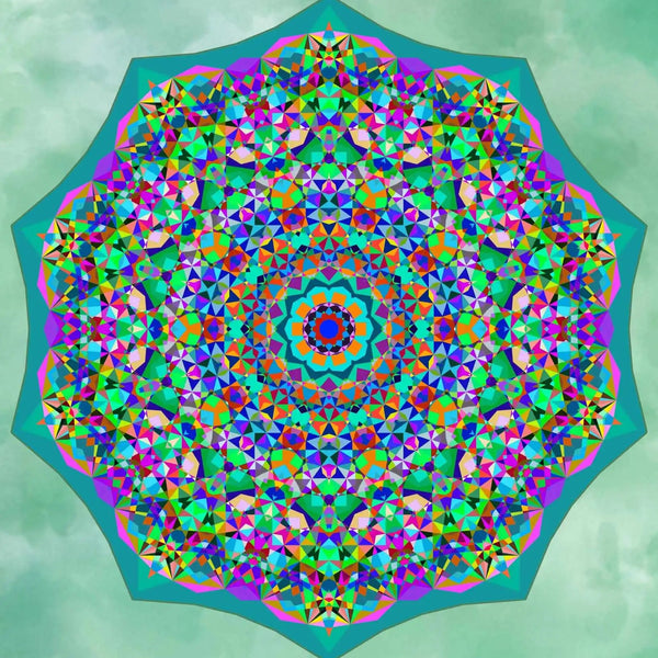 Acceptance Mandala Diamond Kit by Canvas by Numbers. A green, pink and blue kaleidoscope geometric mandala diamond painting on a green background. 