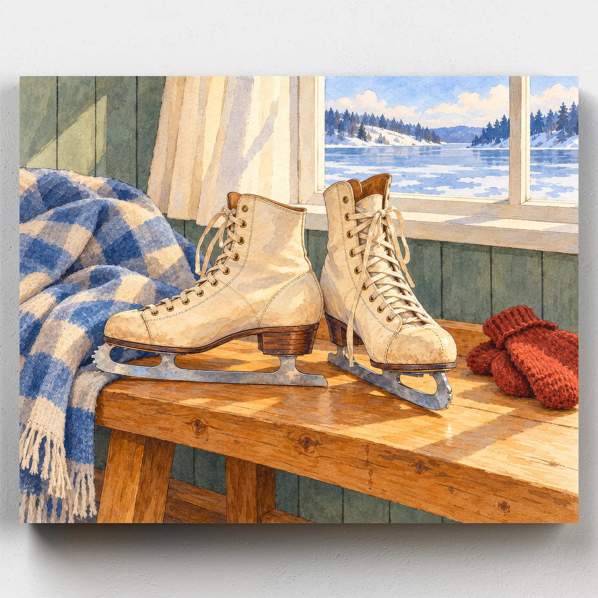 After the Frozen Lake paint by numbers kit with vintage ice skates and red mittens on a bench by a frozen lake window