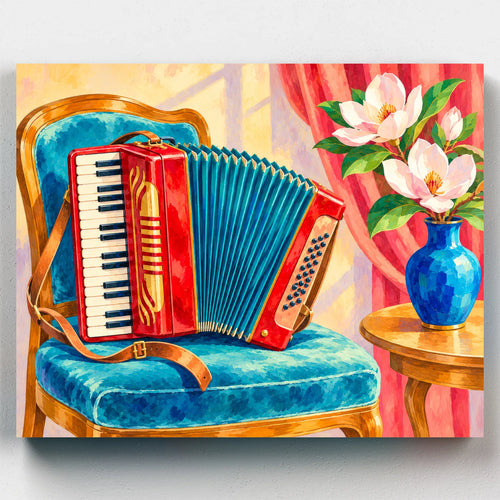 After the Last Waltz paint by numbers kit with a red accordion on a turquoise chair beside magnolias in a blue vase