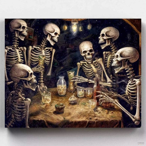 Afterlife Laughter. Step into the chilling beauty of Halloween with our laughter art afterlife skeletons painted by numbers. Craft the magic of the night effortlessly!