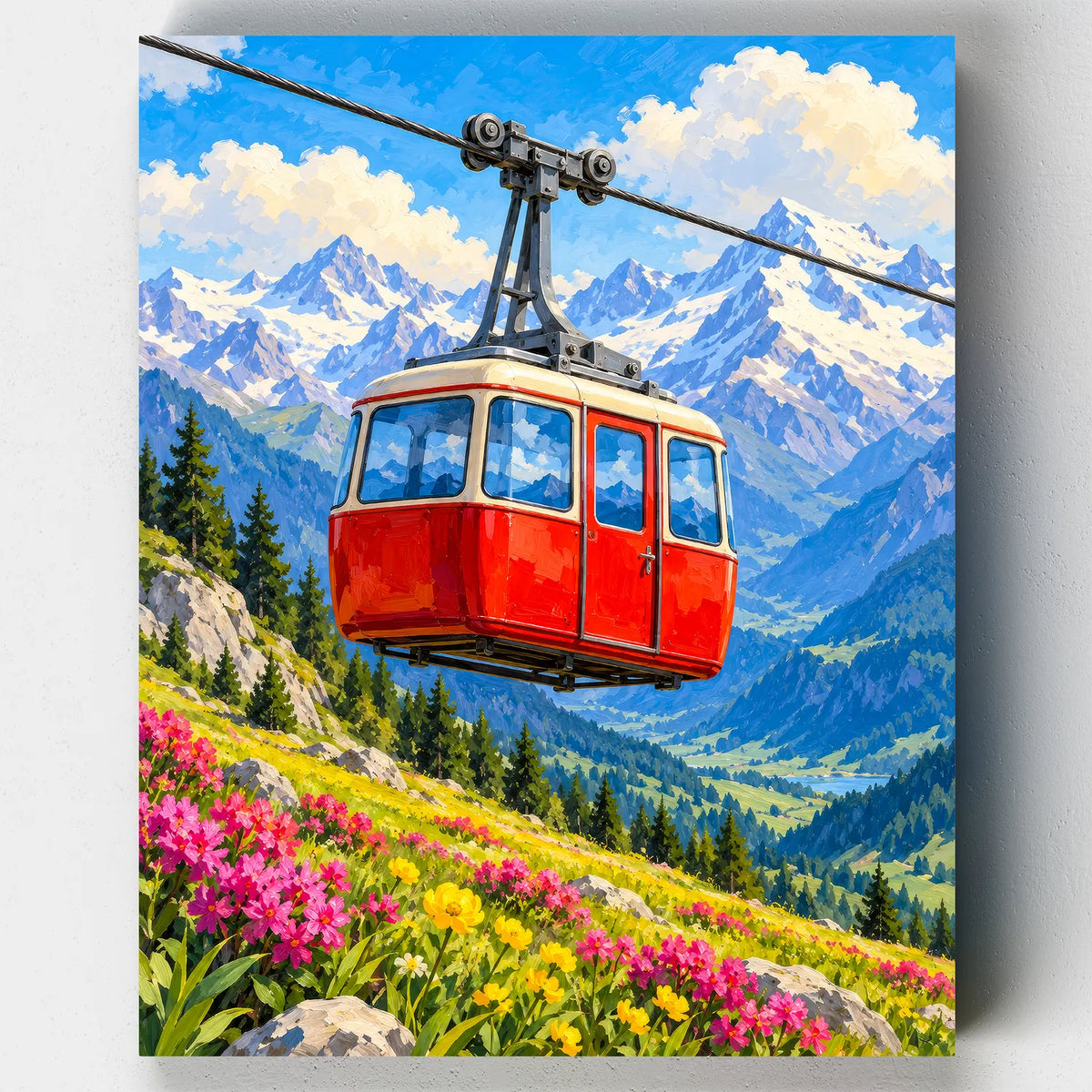 Alpine Meadows paint by numbers kit with a red cable car over a mountain valley and wildflowers