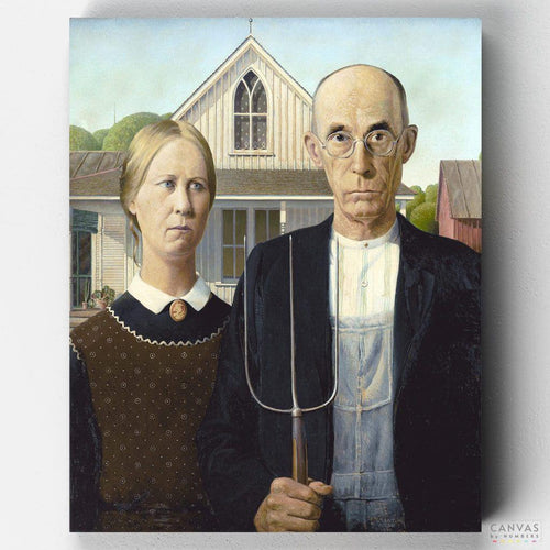 American Gothic. An American classic paint by numbers by Grant Wood depicting a farming couple in Iowa. Buy our quality painting kits today only at Canvas by Numbers.