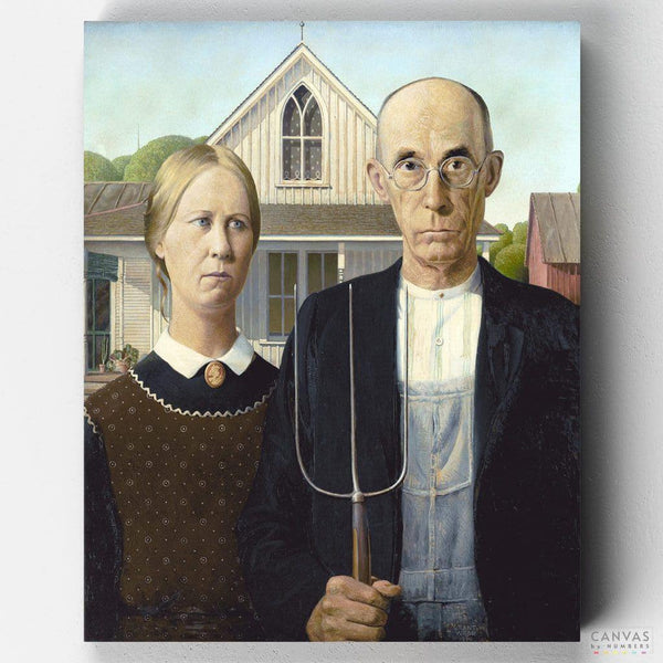 American Gothic - Paint by Numbers-An American classic paint by numbers by Grant Wood depicting a farming couple in Iowa. Buy our quality painting kits today only at Canvas by Numbers.-Canvas by Numbers