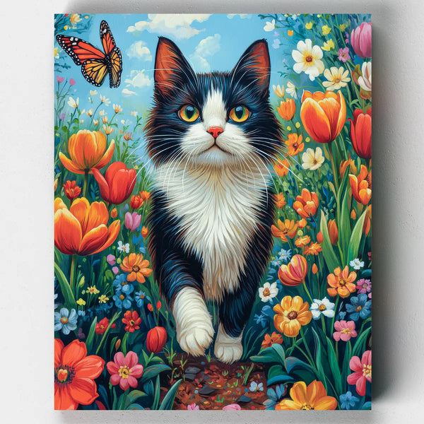 Colorful painting of a cat lying among flowers and butterflies