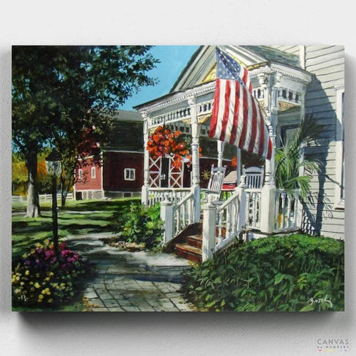 An American Dream. A peaceful porch surrounded by flowers under the watch of the American flag. Enjoy painting by numbers this iconic painting by Will Brody. Only at CBN.