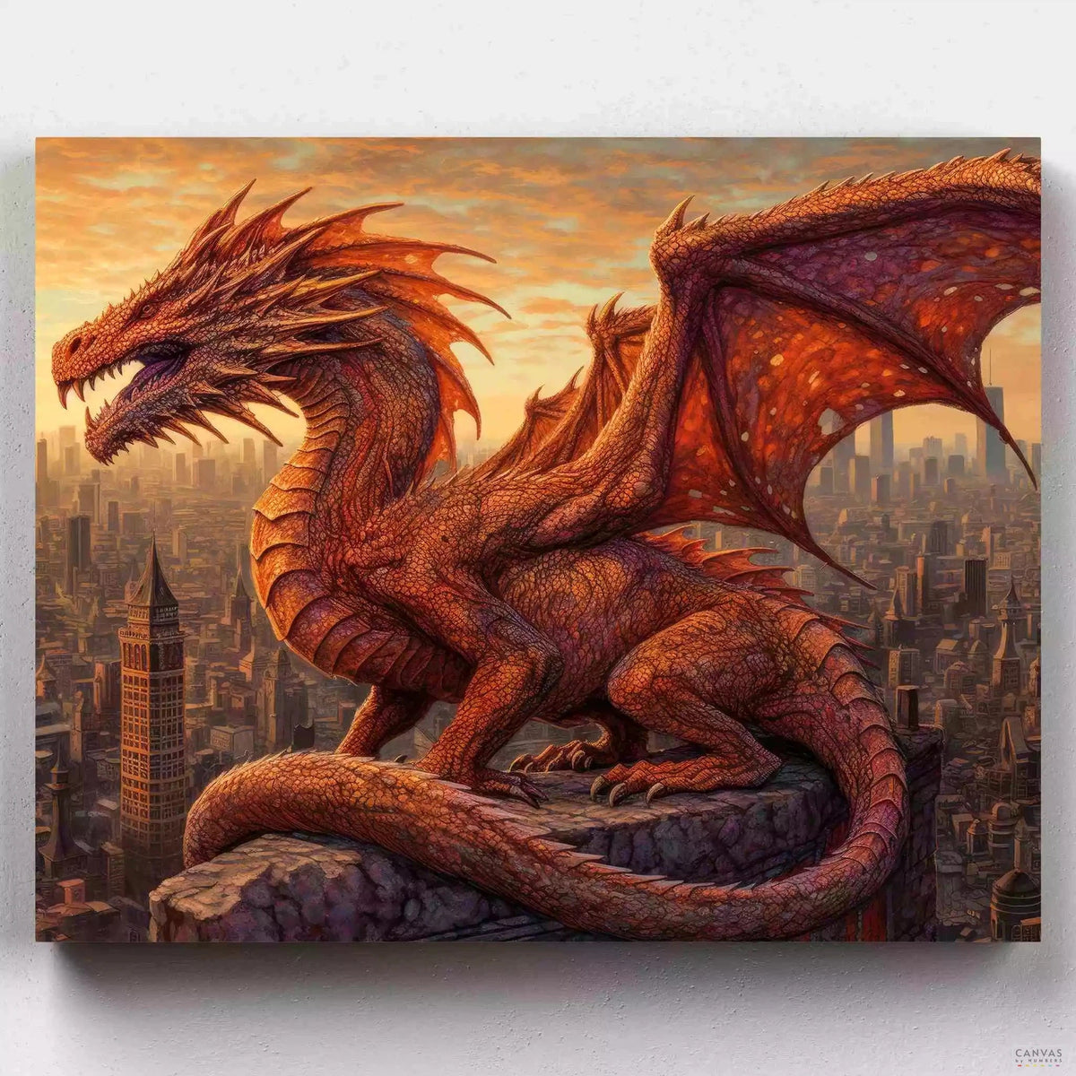 Ancient Guardian - Paint by Numbers-Craft a tale of timelessness with 'Ancient Guardian'. Paint by numbers blending dragons with a city lost to time.-Canvas by Numbers