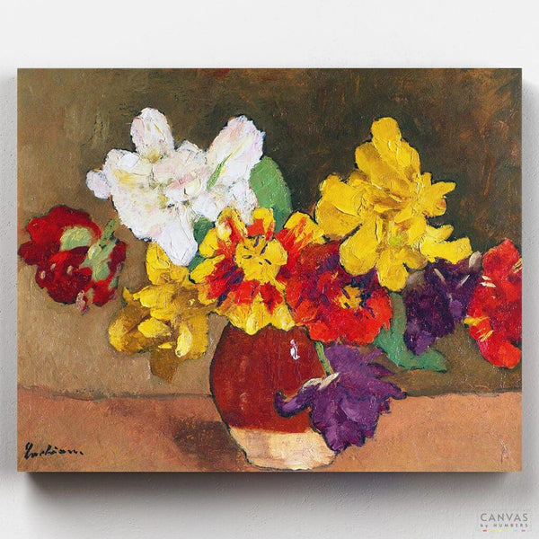 Anemones - Paint by Numbers-Anemones by Stefan Luchian. A paint by numbers showcasing a group of colorful flowers in a vase with sublime color balance. Get yours today at CBN.-Canvas by Numbers