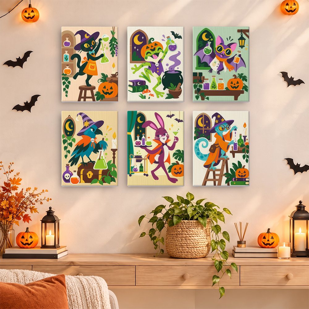Apothecary Animals mini paint by numbers set hung as a small Halloween gallery wall