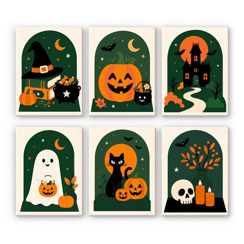 Arched Window Halloween mini paint by numbers set showing all six Halloween designs