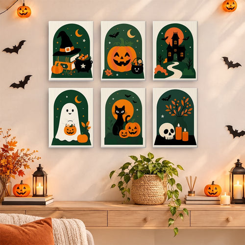 Arched Window Halloween mini paint by numbers set hung as a small Halloween gallery wall