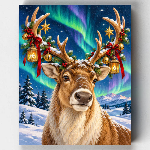 Aurora Reindeer. A reindeer with bells and lanterns on its antlers under the northern lights in this Christmas paint by numbers kit.