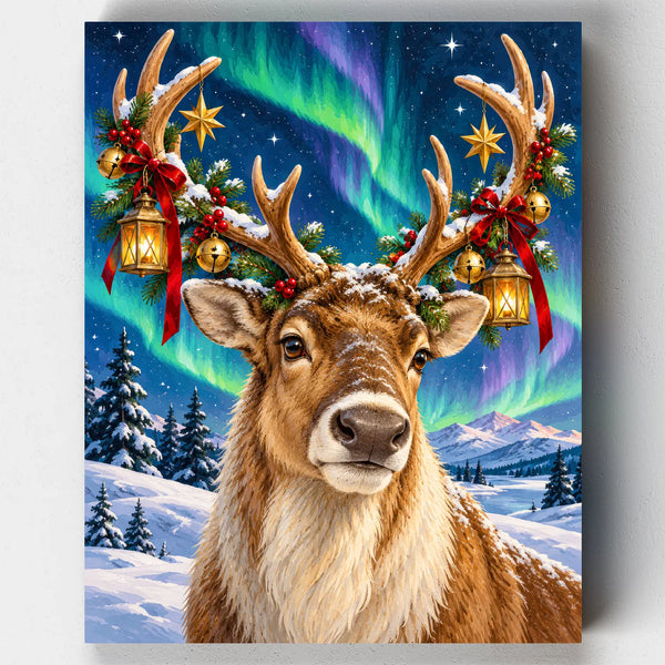 Aurora Reindeer. A reindeer with bells and lanterns on its antlers under the northern lights in this Christmas paint by numbers kit.