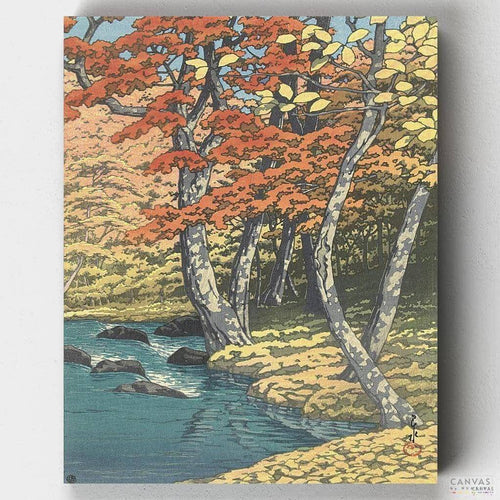 Autumn at Oirase. Dive into real japanese art with this stunning paint by numbers kit by Kawase Hasui and enjoy the detail and colors as intended by the artist. Only at CBN.