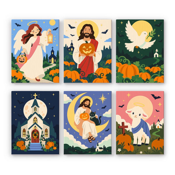 Autumn Faith & Blessings mini paint by numbers set showing all six Halloween designs