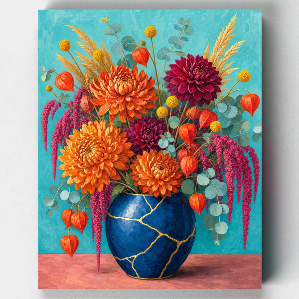 Autumn floral bouquet in a gold mended kintsugi vase, paint by numbers kit
